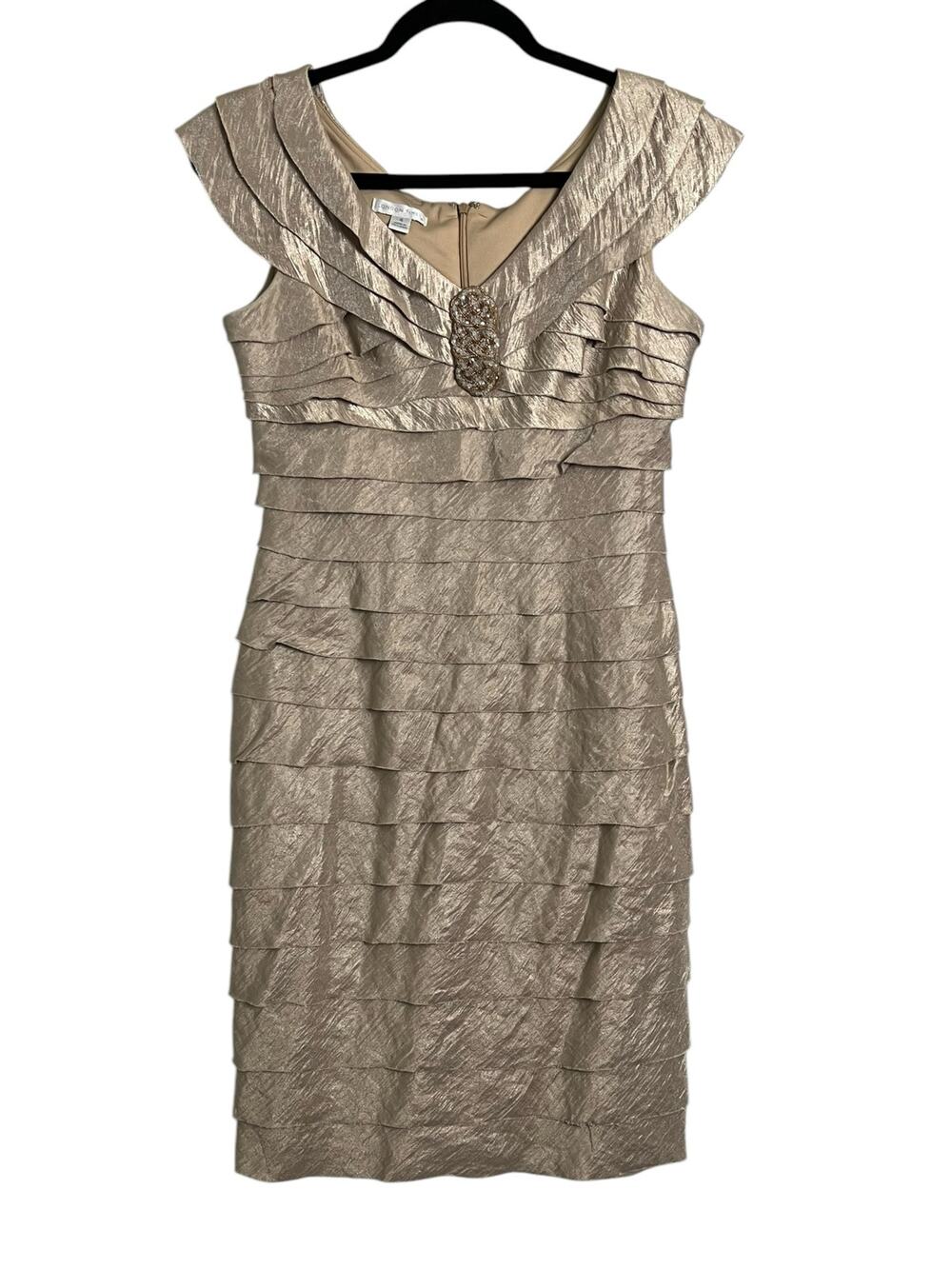 London Times Ruffled Tiered Beige Dress champagne 4 Cocktail MOB Wedding